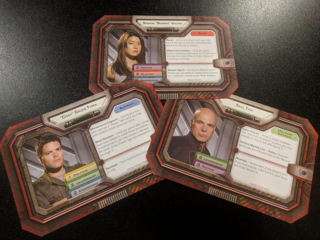 Character cards from the game, featuring Boomer, Chief, and Tigh.